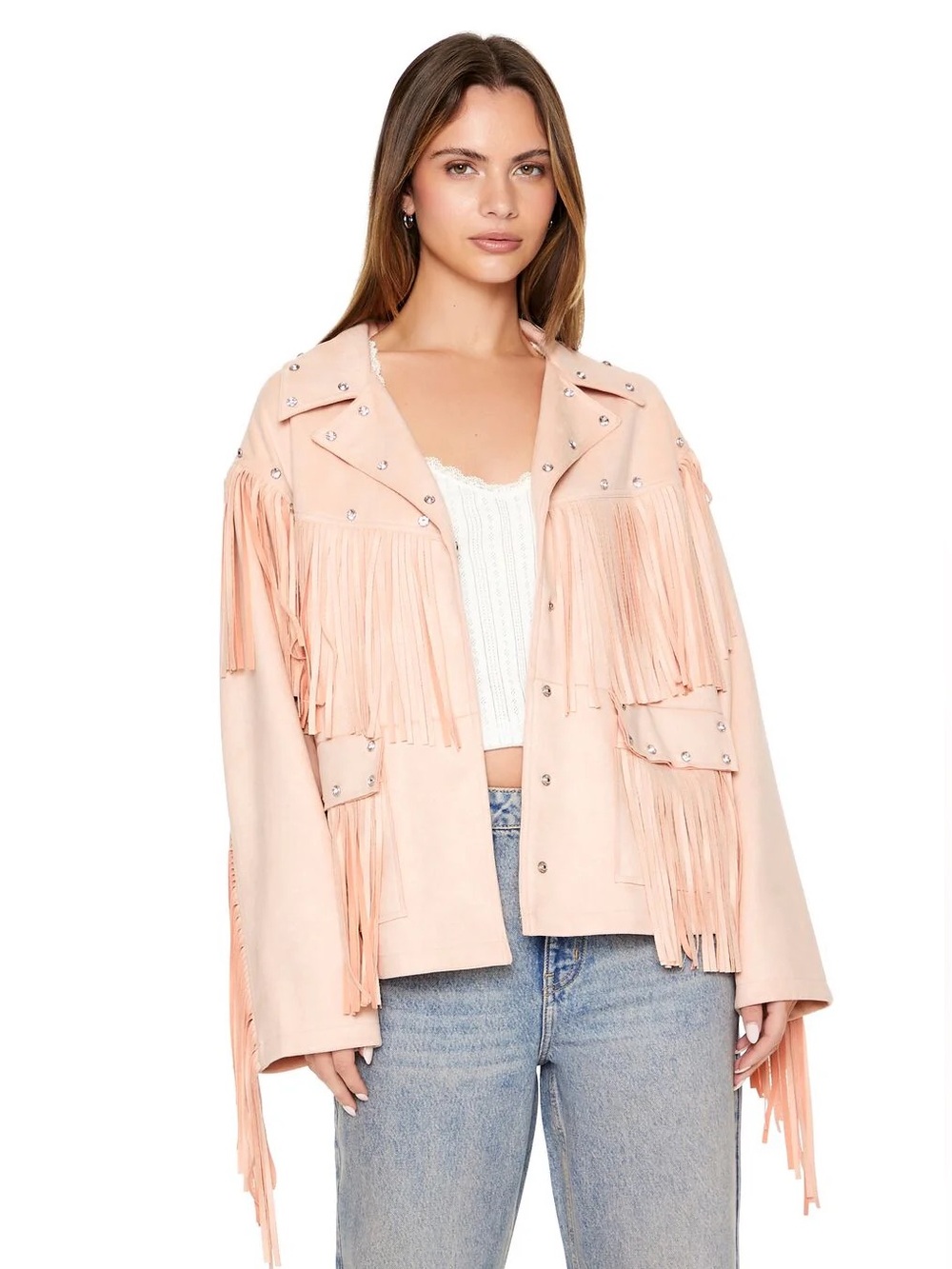 Forever 21 Blush Fringe Faux Suede Jacket